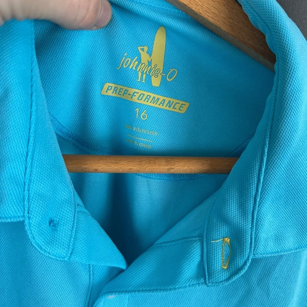 Johnnie-O Boys Prep-Formance Polo Shirt Cyan Blue Short Sleeve Size 16 Golf Top